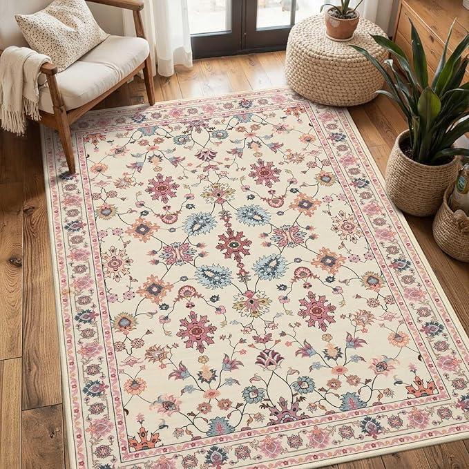 Floral Entryway Rug, 3x5 Washable Area Rug, Non Slip Low Pile Small Carpet by Rugxara