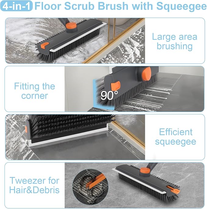 Floor Scrub V Brush with Long Handle 4 in 1 Silicone Scrape and Stiff Bristle - Image 6