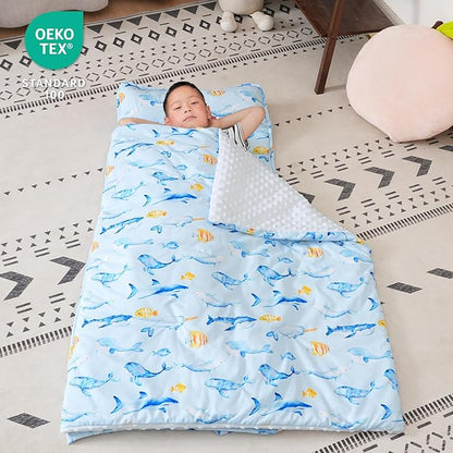 david's kids Toddler Nap Mat with Removable Pillow and Minky Fleece Blanket, Ultra Soft Slumber Bags for Boys, Perfect for Preschool, Daycare, Kids Sleeping Bags with Rollup Design, 50"x20", Whale