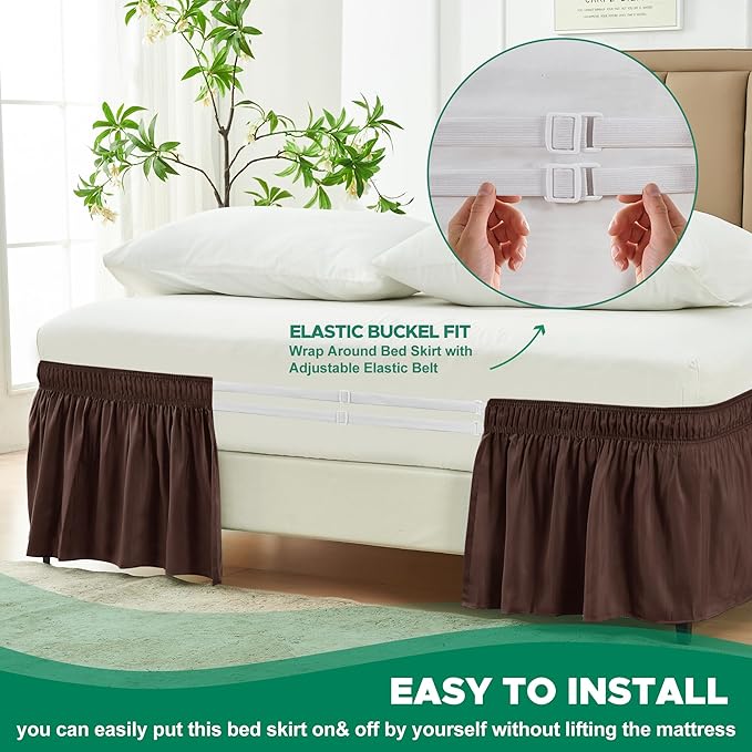 Biscaynebay Wrap Around Bed Skirts for Queen Beds 22" Long Drop, Brown Adjustable Elastic Dust Ruffles Easy Fit Wrinkle Resistant Silky Luxurious Fabric Machine Washable