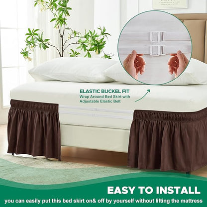 Biscaynebay Wrap Around Bed Skirts for Queen Beds 22" Long Drop, Brown Adjustable Elastic Dust Ruffles Easy Fit Wrinkle Resistant Silky Luxurious Fabric Machine Washable