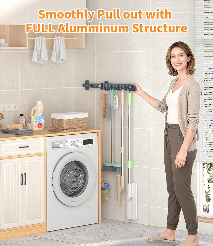 Pull Out Broom Holder With 9 Adjustable Sliding Hook, - Image 2
