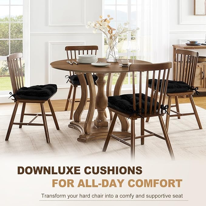 downluxe Indoor Chair Cushions for Dining Chairs, Tufted Overstuffed Textured Foam Kitchen Chair Pads with Ties and Non-Slip Backing, 15.5" x 15.5" x 4", Black, 4 Pack