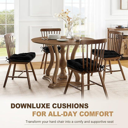 downluxe Indoor Chair Cushions for Dining Chairs, Tufted Overstuffed Textured Foam Kitchen Chair Pads with Ties and Non-Slip Backing, 15.5" x 15.5" x 4", Black, 4 Pack