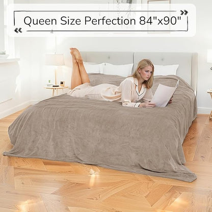 Electric Heated Blanket Queen Size 84"x90" - Dual-Sided with Microplush & Sherpa Fabric, 4 Heat Settings & 10 Hours Auto Off, Dual Controller, Machine Washable - Light Brown