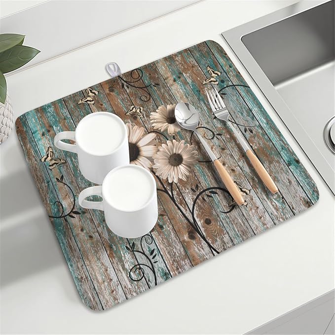 Spring Daisy Dish Drying Mat for Kitchen Counter 16 x 18 Inch Vintage Farmhouse - Image 8
