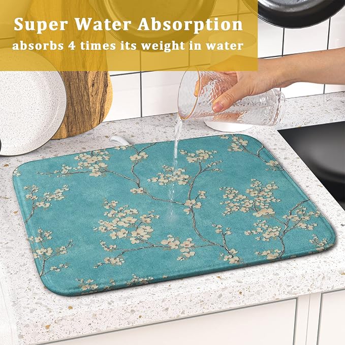 Teal Turquoise Dish Drying Mat for Kitchen Counter Spring Floral Drying Mat 16 - Image 5