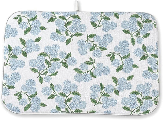 Blue Sage Green Floral Dish Drying Mat 18 x 24 Inch Spring Hydrangea Floral by Sorktse