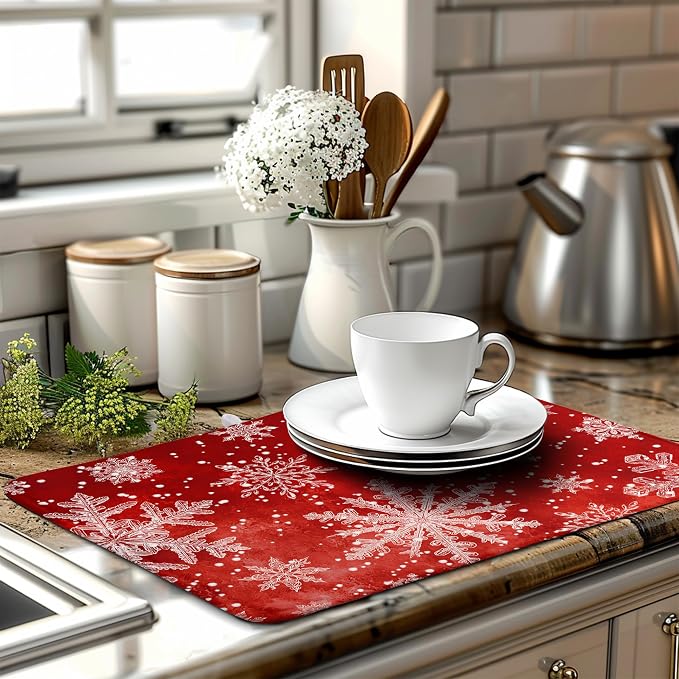 Christmas Dish Drying Mat for Kitchen Counter 18x24 Inch Red Snowflake Xmas - Image 6