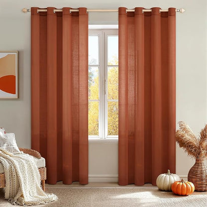 MIULEE Burnt Orange 2 Panels 84 Inch Long Farmhouse Linen Sheer Window Curtains Elegant Terracotta Rust Fall Autumn Drapes Grommet Top Linen Textured Voile for Bedroom Living Room (52 X 84 Inch)