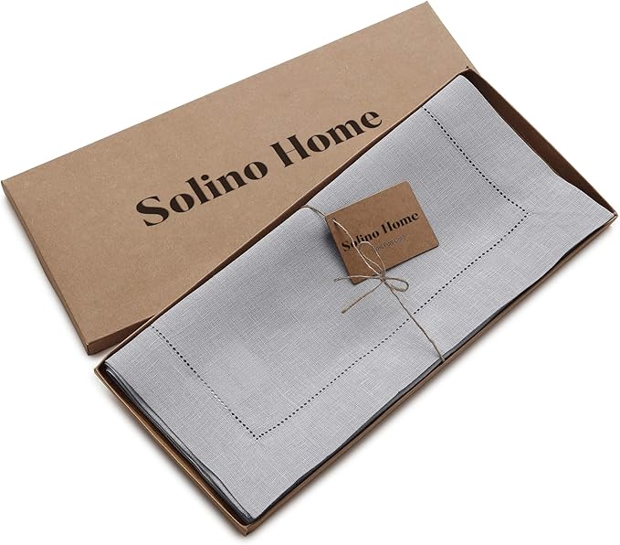 Solino Home Linen Soft Grey Table Runner 90 Inches Long - 100% Pure Linen Hemstitch 14 x 90 Inch Table Runner for Dining, Christmas, New Year - Classic Hemstitch