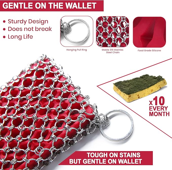 Cast Iron Scrubber Chainmail - 316L Cast Iron Cleaner Scrubber and Bamboo Cloth - Image 3