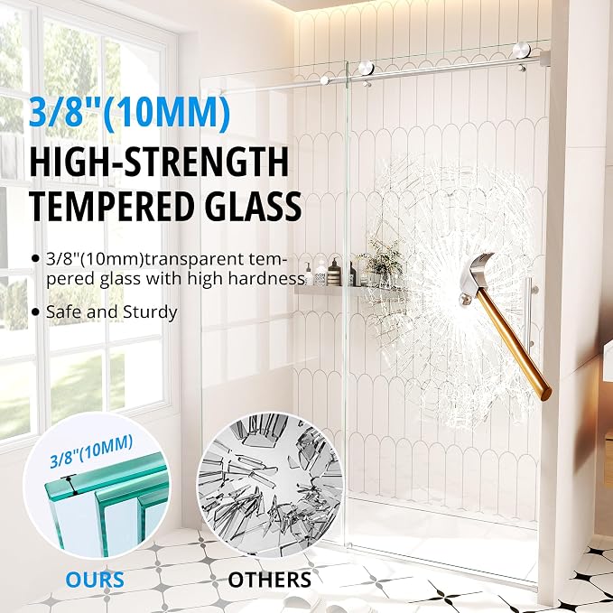 Frameless Sliding Shower Door 56–60 in W x 76 in H, 10mm Clear Tempered Glass - Image 2