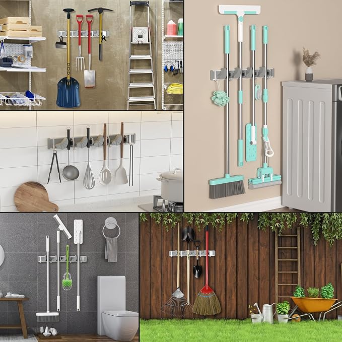 Holikme Mop Broom Holder Wall Mount Metal Pantry Organization and Storage - Image 5
