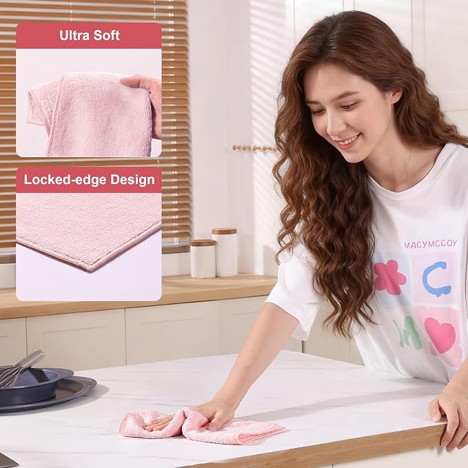 JOYMOOP Microfiber Cleaning Cloths, 11.8" x 11.8" Pink Reusable Kitchen Towels - Image 2