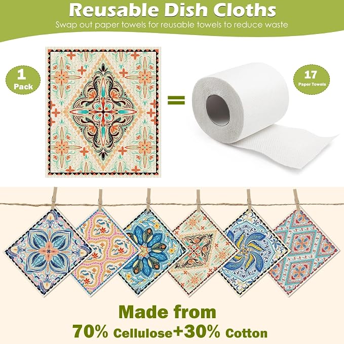 6 Packs Swedish Paper Cloths for Kitchen, Reusable Paper Towels Washable Dish - Image 3