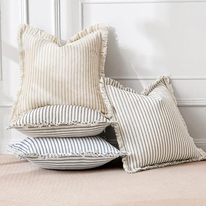 MIULEE Pack of 2 Royal Blue Pillow Covers 20x20 Inch Striped Farmhouse Couch Throw Pillow Covers with Fringe Chic Linen Decorative Cushion Covers for Sofa Living Room Bed Outdoor Home Decor
