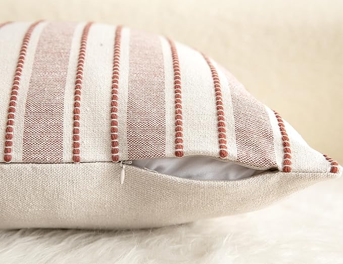 Decorative Boho Lumbar Throw Pillow Covers, Farmhouse Textured Pillow Case, 12 x 20 Inch Set of 2, Chair Sofa Bedroom Living Room Home Decor Couch Cushion Case, Rust and Beige Striped