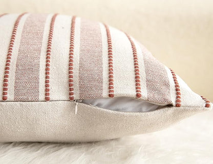 Decorative Boho Lumbar Throw Pillow Covers, Farmhouse Textured Pillow Case, 12 x 20 Inch Set of 2, Chair Sofa Bedroom Living Room Home Decor Couch Cushion Case, Rust and Beige Striped