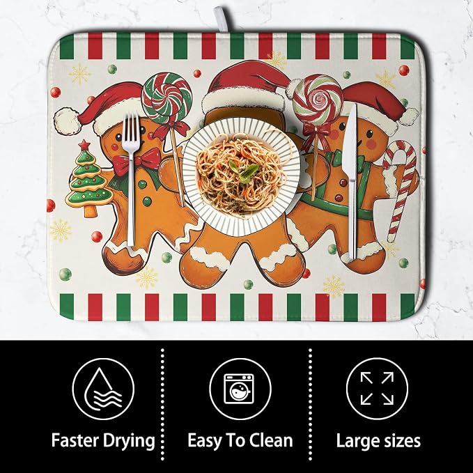 Christmas Dish Drying Mat Gingerbread Man Candy Cane Xmas Tree Drying Mats - Image 4