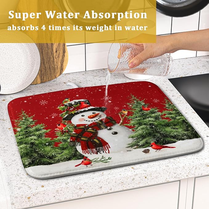 Christmas Dish Drying Mat for Kitchen Counter Snowman Green Christmas Tree - Image 7