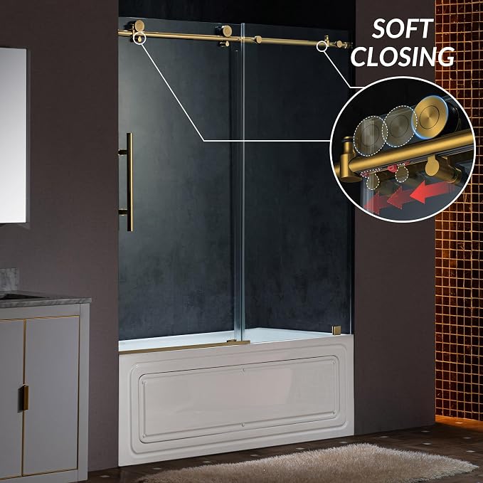 Woodbridge Frameless Single Sliding Shower Doors in Brushed Gold Finish - Image 2