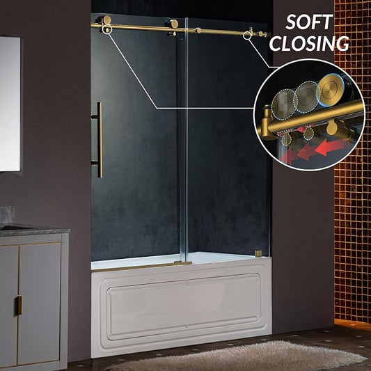 Woodbridge Frameless Single Sliding Shower Doors in Brushed Gold Finish - Image 2