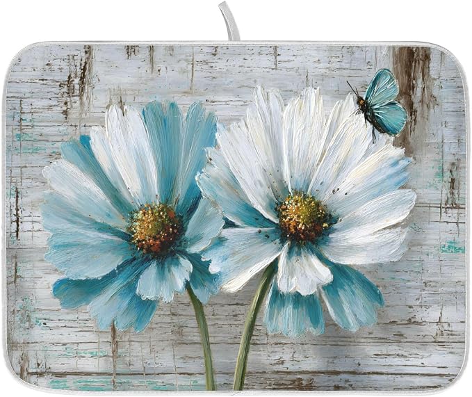 Rustic Teal White Daisy on Vintage Wooden Dish Drying Mat by ALAZA