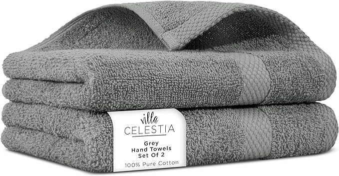 100% Cotton Hand Towel Set of 2, Sustainable, Highly Absorbent, Quick Drying by VillaCelestia