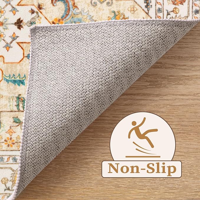 SERISSA Area Rug 3x5 Boho Light Yellow Rugs for Bedroom, Washable Non-Slip Kitchen Rugs, Ultra Soft Print Distressed Entry Rug Low-Pile Throw Rug Carpet for Bedroom Nursery Living Room Dorm Decor
