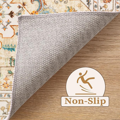 SERISSA Area Rug 3x5 Boho Light Yellow Rugs for Bedroom, Washable Non-Slip Kitchen Rugs, Ultra Soft Print Distressed Entry Rug Low-Pile Throw Rug Carpet for Bedroom Nursery Living Room Dorm Decor