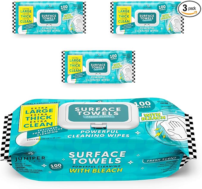3 Packs Surface Wipes with Bleach, Thick & Large Dispose, All-Purpose Cleaner by JuniperCLEAN