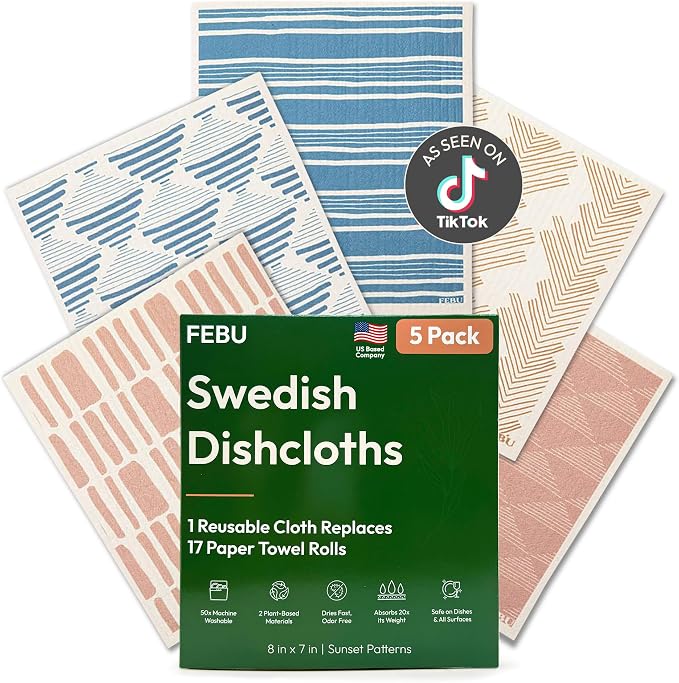 FEBU Swedish Dishcloths for Kitchen | 5 Pack Sunset Reusable Paper Towels by FEBU