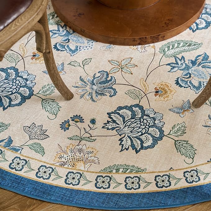 jinchan Elora Floral Corner Rug for Entryway Washable Rug Vintage Romance Design Non Slip Quarter Circle Lightweight Low-Pile Throw Carpet for Playroom Reading Nook Nursery, 4ft Radius, Blue/Beige