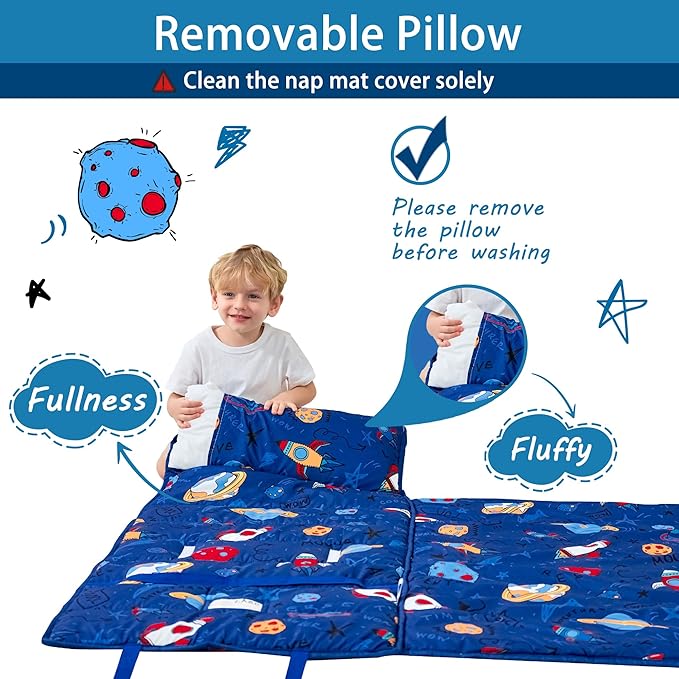 Toddler Nap Mat with Pillow and Blanket, Extra Large Rolled Napping Mats,Slumber Bags for Boys Girls,Kids Sleeping Bag for Daycare, Preschool Travel Camping