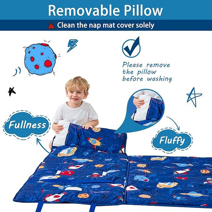 Toddler Nap Mat with Pillow and Blanket, Extra Large Rolled Napping Mats,Slumber Bags for Boys Girls,Kids Sleeping Bag for Daycare, Preschool Travel Camping