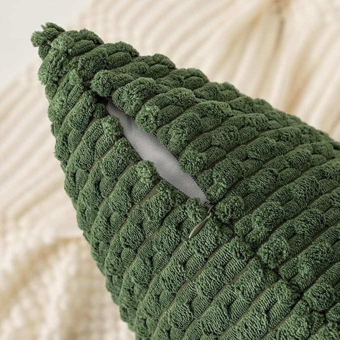 Kevin Textile 14x36 Inch Long Lumbar 1 Pack Boho Decorative Throw Pillow Cover Soft Striped Corduroy Rectangle Cushion Case Farmhouse Solid Color Accent for Living Room Couch Sofa Bed, Moss Green