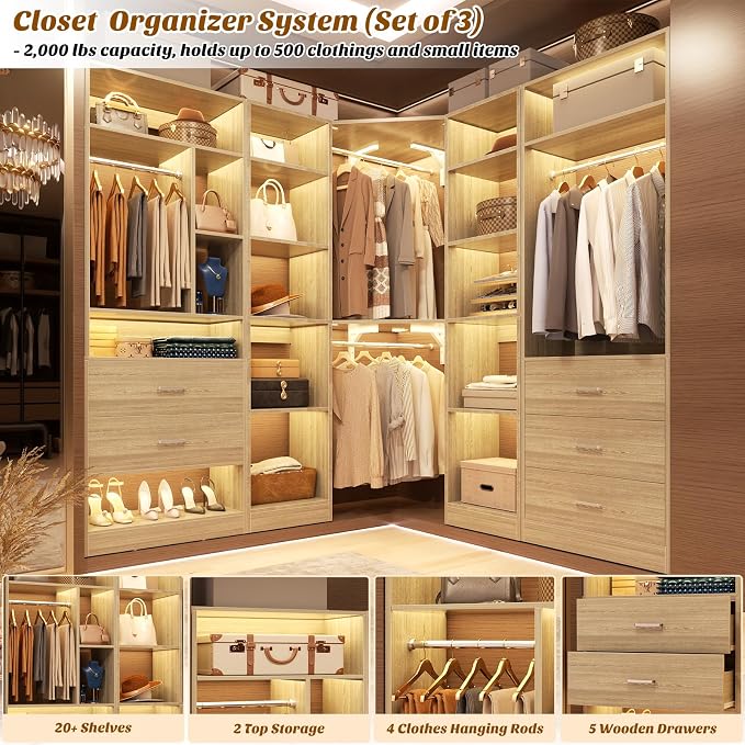 Corner Closet System with 5 Drawers, Closet Organizer System with 15+Shelvess & - Image 4