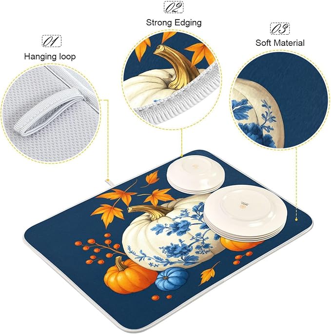 Pumpkin Porcelain Blue White Dish Drying Mat - Image 4