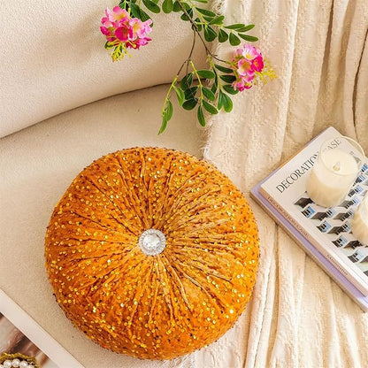 Round Throw Pillow, 13.7" Soft Glitter Sequin Pleated Pumpkin Decorative Round Pillow Circle Floor Pillow Cushions for Sofa Bed Chair Living Room Floor Home Decoration, Yellow