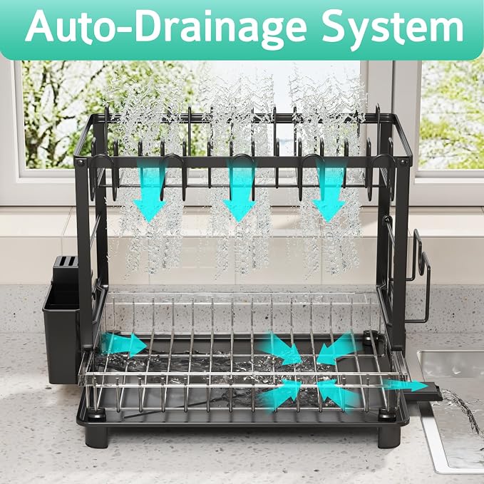 Dish Drying Rack, 2 Tier Space-Saving Dish Rack - Image 3