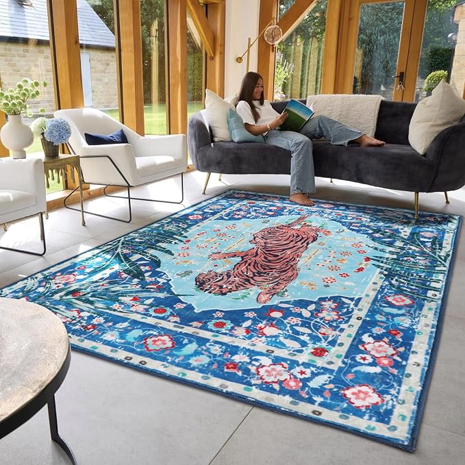 Blue Cheetah Rug 10x8 FT Boho Leopard Vintage Tropical Jungle Animal Rug - Image 3