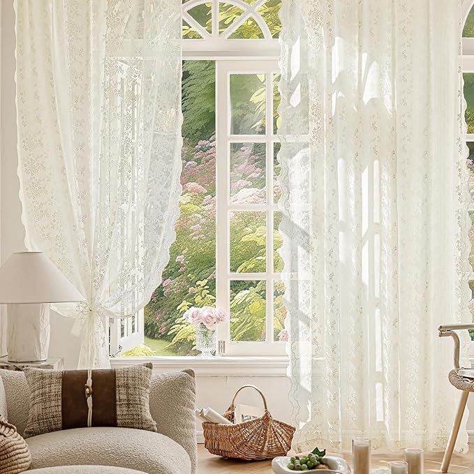 Anmao Vintage Lace Kitchen Curtains 18 Inches Long 2 Panels, Romantic Semi Sheer Floral Over Sink Lacy Cafe Curtain, Elegant Window Short Small Drapes, 55W x 18L, Ivory