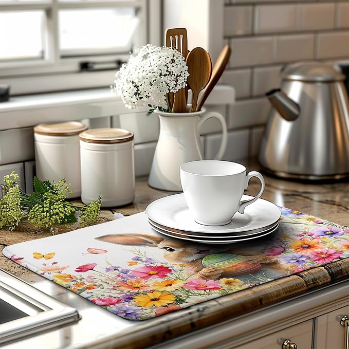 Spring Easter Dish Drying Mat for Kitchen Counter Easter Bunny Rabbit Eggs - Image 6