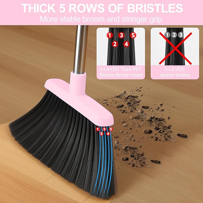 Pink Broom and Dustpan Set, 52-in Handle Broom Dustpan Combo Set Household Hand - Image 4