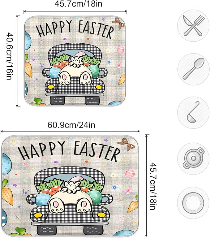 Easter Eggs Bunny Rabbit Dish Drying Mat Quick Absorbent 16x18 Easter Day Black - Image 3