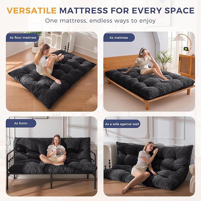 MAXYOYO Japanese Floor Mattress Queen Size, 6" Foldable Futon Mattress Tufted Roll Up Floor Bed, Thick Chenille Tatami Mat Sleeping Pad for Camping Guest Room Dormitory Bedroom RV, Black