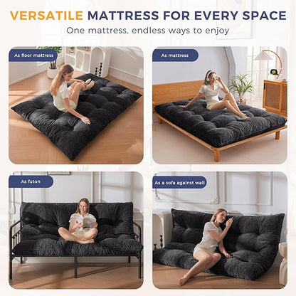 MAXYOYO Japanese Floor Mattress Queen Size, 6" Foldable Futon Mattress Tufted Roll Up Floor Bed, Thick Chenille Tatami Mat Sleeping Pad for Camping Guest Room Dormitory Bedroom RV, Black