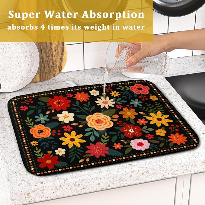 Boho Floral Dish Drying Mat 16x18 Inch Colorful Flower Dishes Dry Mats - Image 7