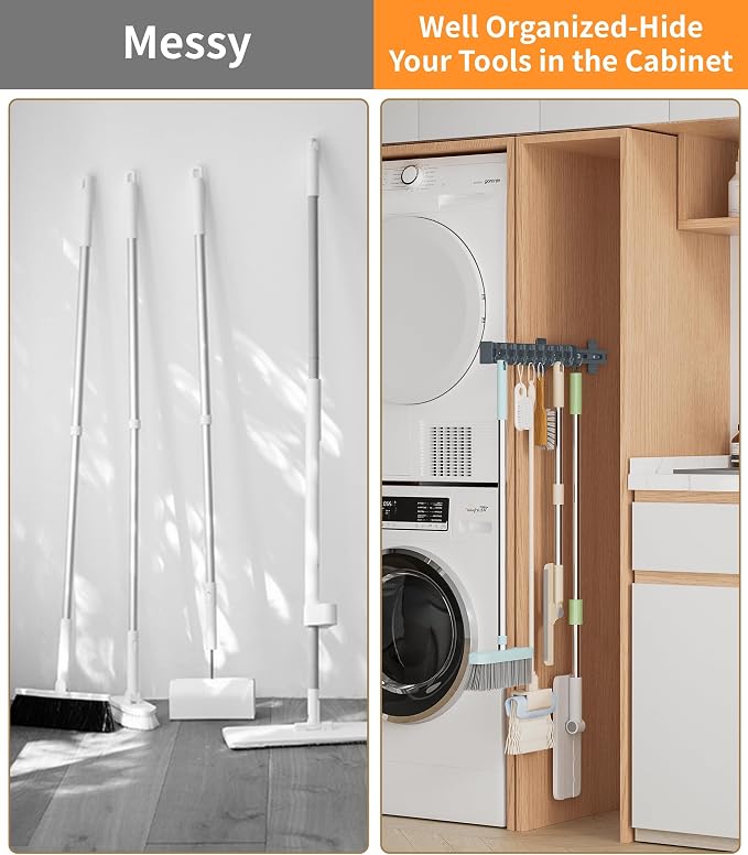 Pull Out Broom Holder With 9 Adjustable Sliding Hook, - Image 3